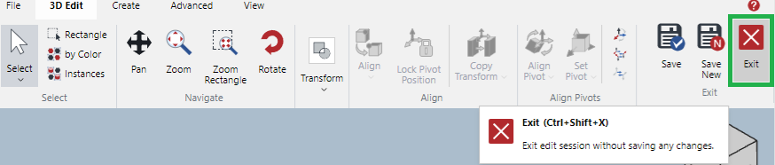 Exit Button in the Exit Panel on the 3D Model Edit Mode Ribbon Tab Exit Button in the Exit Panel on the 3D Model Edit Mode Ribbon Tab